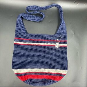 The Sak Hand Crocheted Navy Stripe Shoulder Bag Bali Made Lined Boho Casual